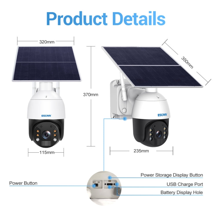 ESCAM QF724 3MP 24h Recording Cloud Storage PT 4G PIR Alarm IP Camera with Solar Panel, US Plug, EU Plug ESCAM QF724 3MP 24h Recording Cloud Storage PT 4G PIR Alarm IP Camera with Solar Panel, US Plug, EU Plug